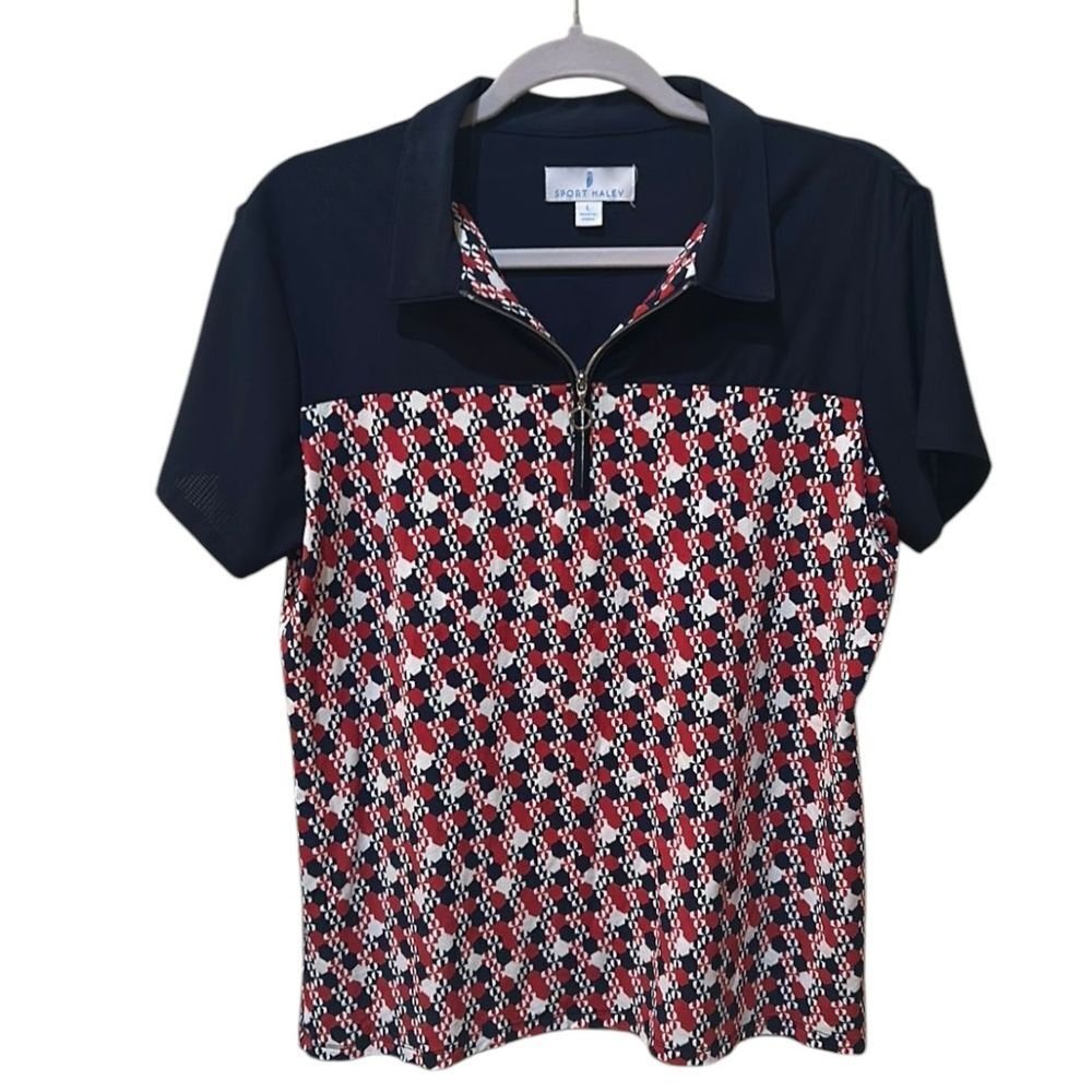 Sport Haley Golf Polo Shirt Geometric Pattern Quarter Zip Navy Red White - Haute Poppy