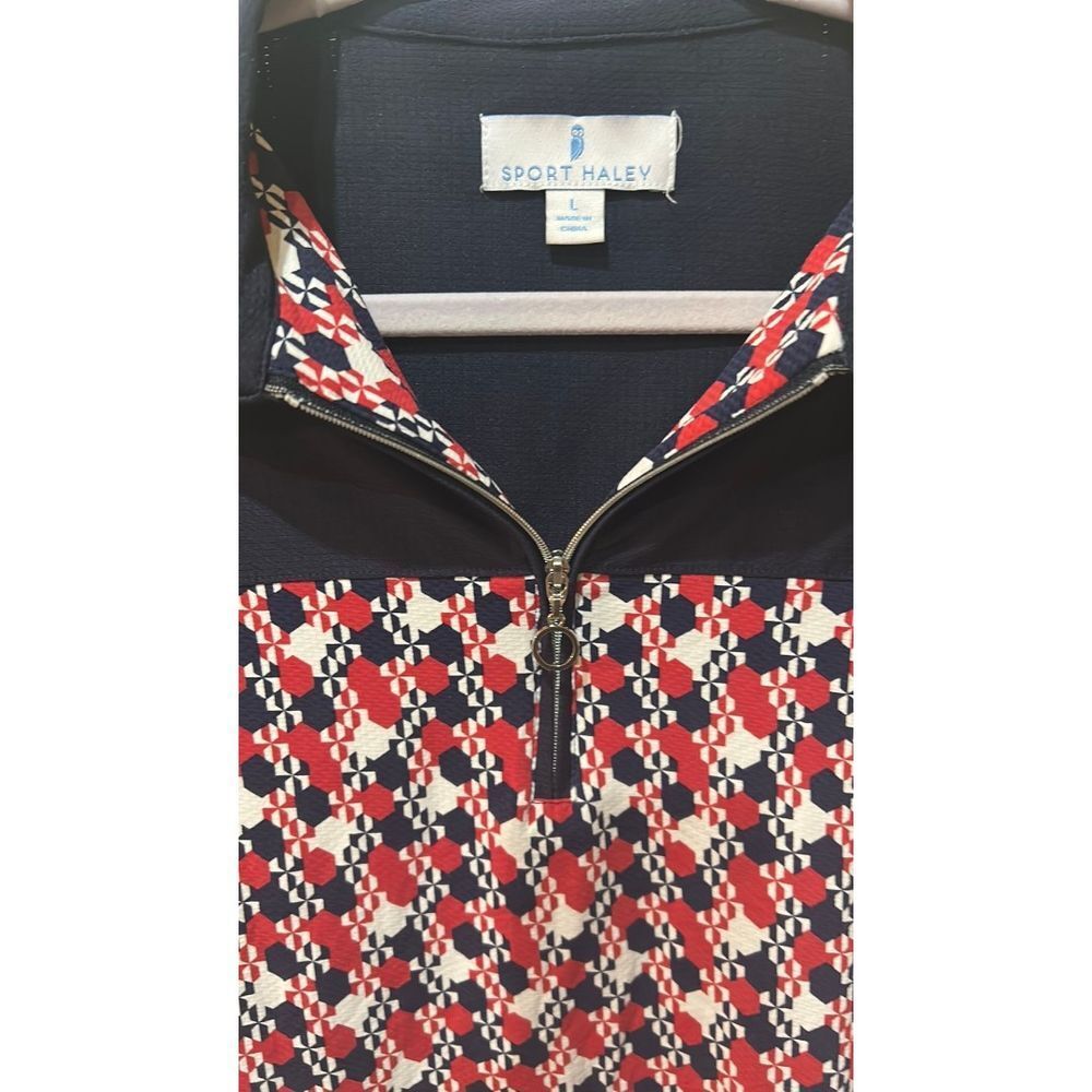 Sport Haley Golf Polo Shirt Geometric Pattern Quarter Zip Navy Red White - Haute Poppy