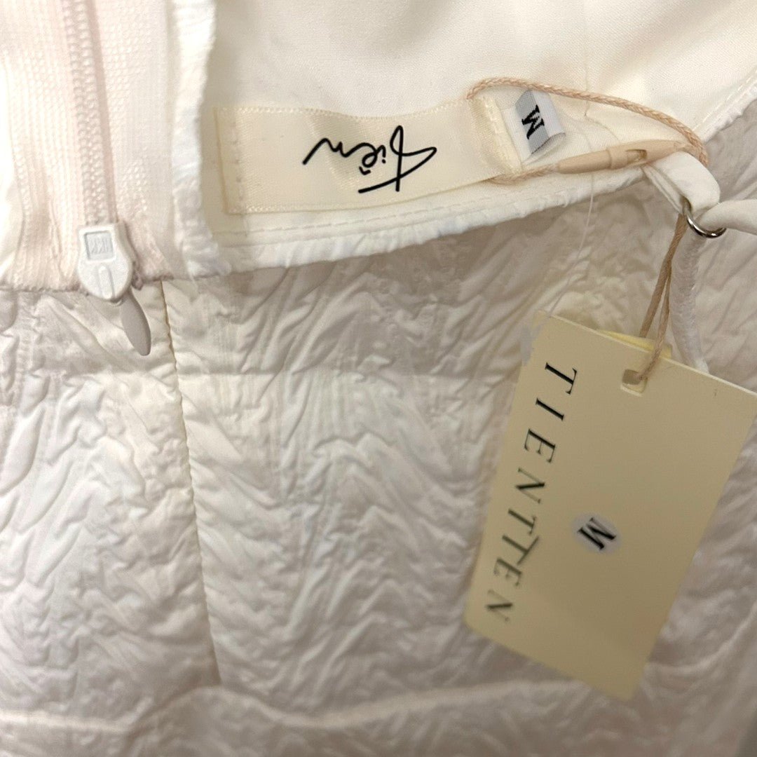 TIENTIEN Cream Textured Bow Bust Midi Dress with Slit - Haute Poppy