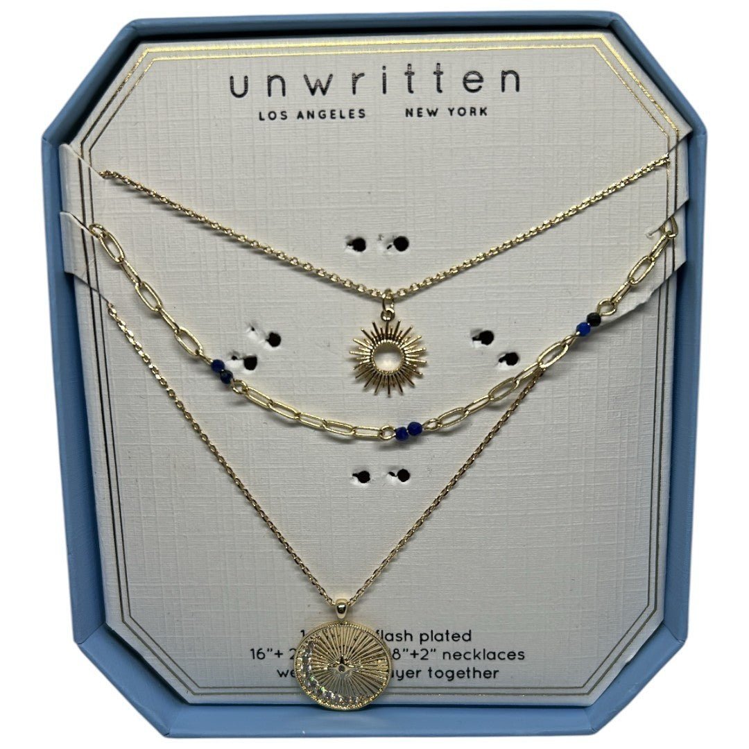Unwritten Lapis and Cubic Zirconia Star, Moon and Sun Pendant Necklace Set - Haute Poppy