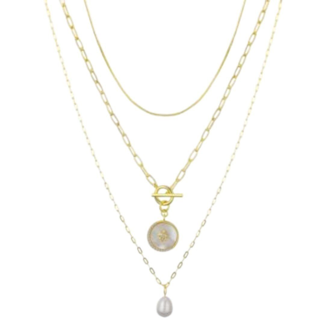 Unwritten Mother of Pearl Star Paperclip Toggle Layered Necklace Set - Haute Poppy