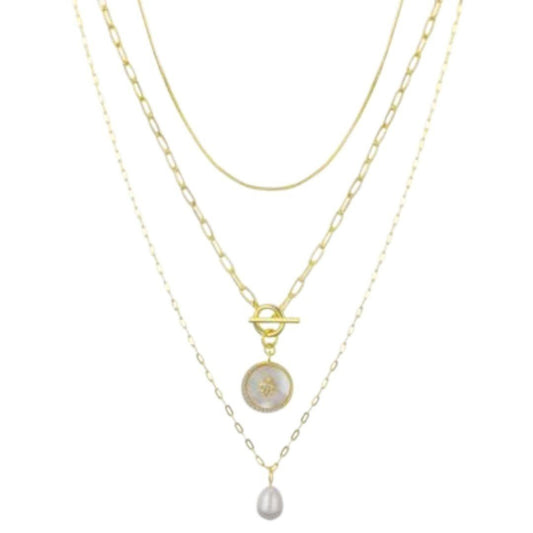 Unwritten Mother of Pearl Star Paperclip Toggle Layered Necklace Set - Haute Poppy