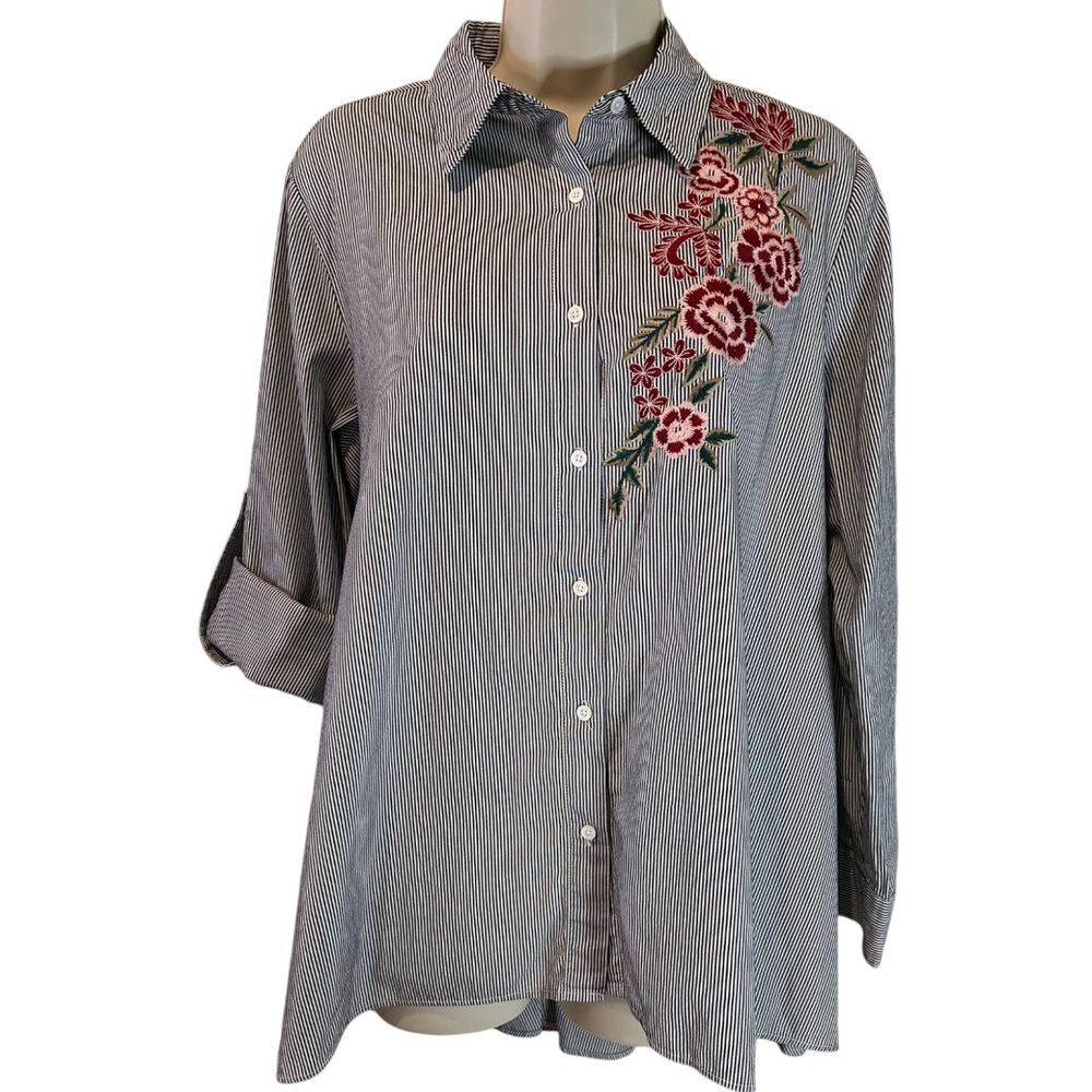 Walter Baker Myron Tunic Pinstripe Shirt with Floral Embroidery - Haute Poppy