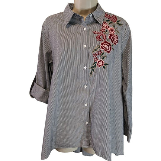 Walter Baker Myron Tunic Pinstripe Shirt with Floral Embroidery - Haute Poppy