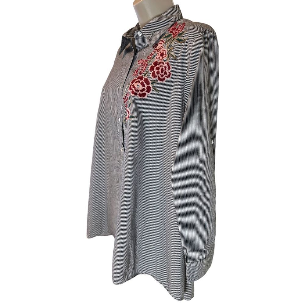 Walter Baker Myron Tunic Pinstripe Shirt with Floral Embroidery - Haute Poppy