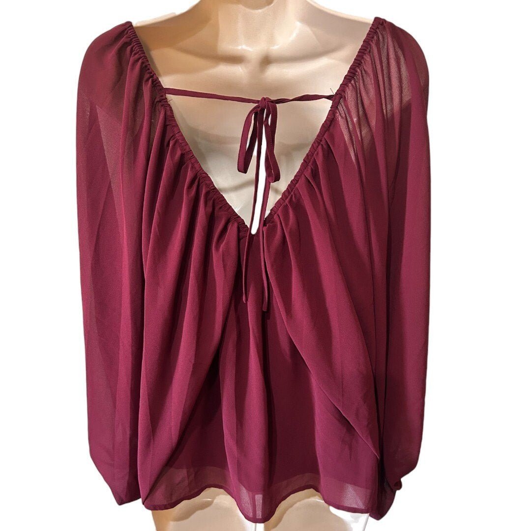 Wishlist Apparel Blouse Flowy Long Sleeve Deep V Neck Burgundy - Haute Poppy