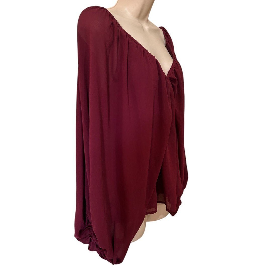 Wishlist Apparel Blouse Flowy Long Sleeve Deep V Neck Burgundy - Haute Poppy