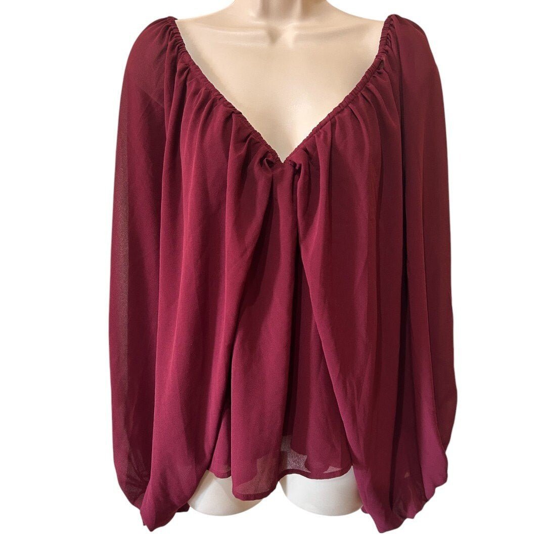 Wishlist Apparel Blouse Flowy Long Sleeve Deep V Neck Burgundy - Haute Poppy