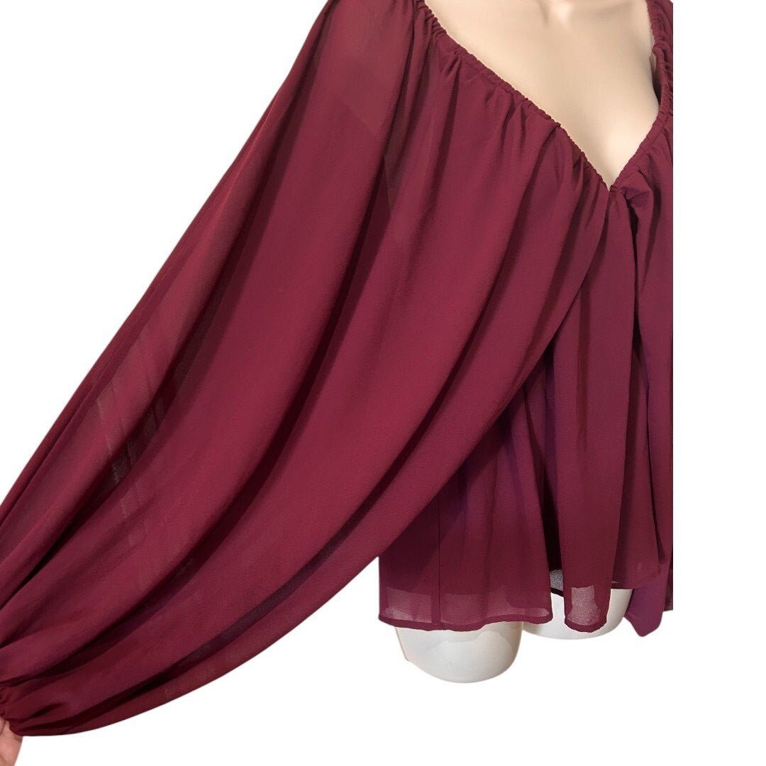 Wishlist Apparel Blouse Flowy Long Sleeve Deep V Neck Burgundy - Haute Poppy
